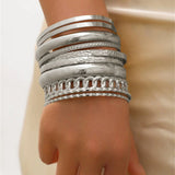 Ensemble de 10 bracelets en métal pour femmes, style punk et hip-hop, design texturé tendance. 𝓑2𝓢