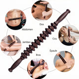 Rouleau de massage en bois pour soulager les douleurs musculaires.
