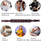 Rouleau de massage en bois pour soulager les douleurs musculaires.